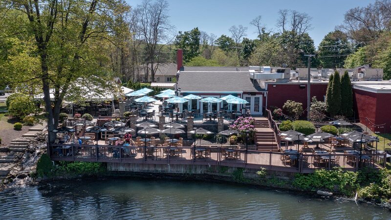 Outdoor dining area with view of water