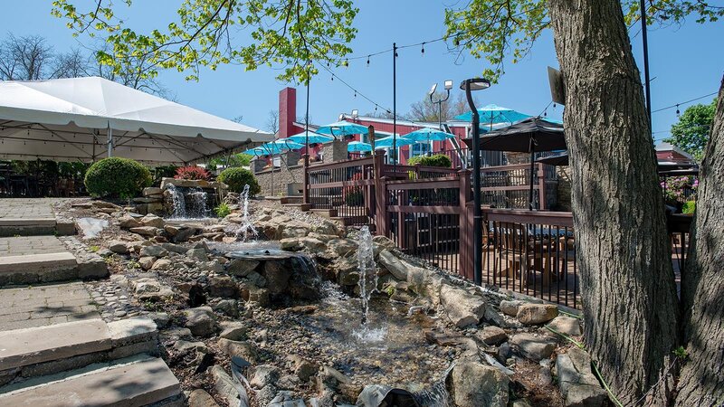 Fountain in outdoor dining area
