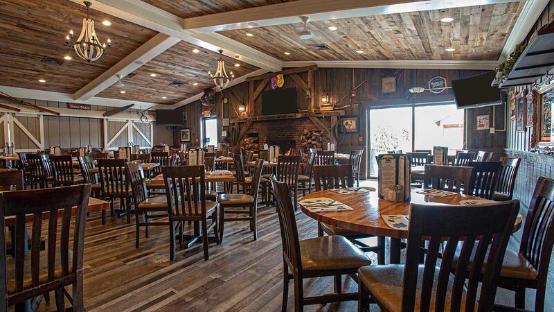 Dining room with many set tables